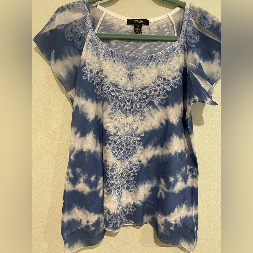 Style & Co Petite blue&white tie dye look with rhinestones short sleeve …